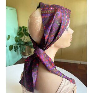 Vintage 70s boho head scarf, purple, hot pink abstract, long silky headwrap